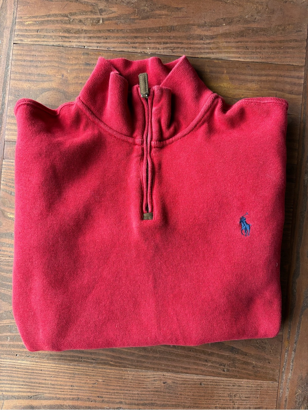 Ralph Lauren Men's Red Quarter-Zip Sweater with Blue Polo Logo